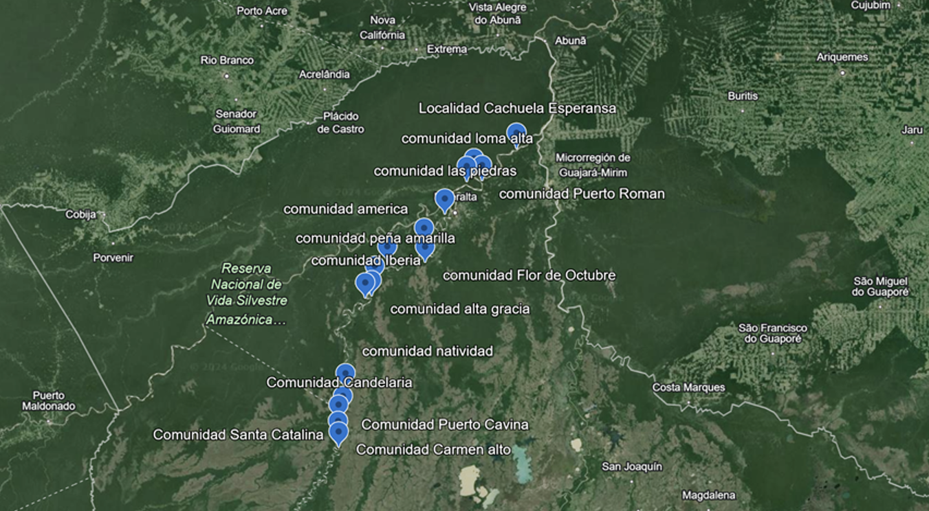Mappa comunità locali Rio Beni progetto Salud Dorada